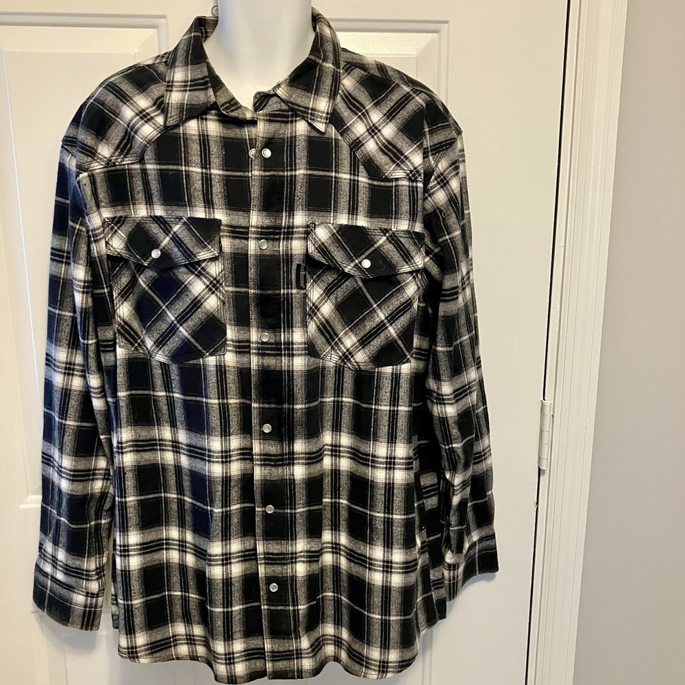 Five Brother Plaid Flannel Shirt Men's Large Regular Black White USA Pearl Snap
